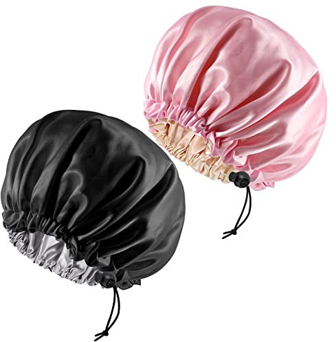 2 Pieces Adjustabl Bonnet, 36cm Double Sided Satin Sleep Caps Night Sleep Hat for All Hair Lengths Women Curly Natural Hair Head Cover(Black+Pink)