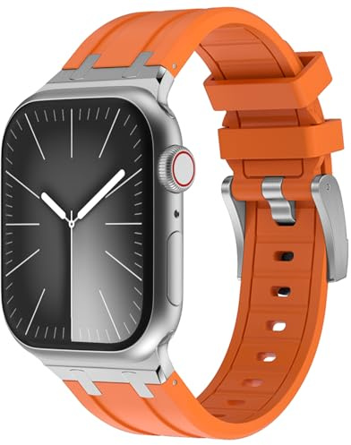 WINGLE 49mm 46mm 45mm 44mm 42mm(series 3) for Apple Watch Strap,Liquid Silicone Rubber Strap Replacement band for iWatch Ultra 3/Ultra 2 1/SE 3 2 1/Series 11 10 9 8 7 6 5 4 3 2 1,Silver/Orange