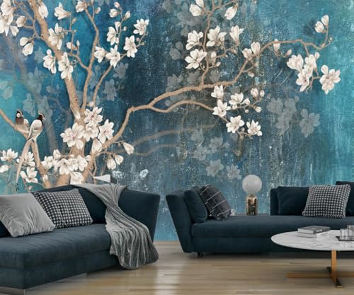 Kalodity Carta da parati panoramica 3D seta 410 x 280 cm Magnolia Blu, Uccello, Grande Murale per Soggiorno, Cameretta dei bambini, Decorazione Poster Carta da Parati, A05