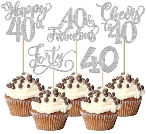 SYKYCTCY 30 Pack Happy 40th Birthday Cupcake Toppers Glitter Forty Fabulous 40 Cheers to 40 Cupcake Picks Happy 40th Birthday Cupcake Decorations Anniversary Party Supplies Silver