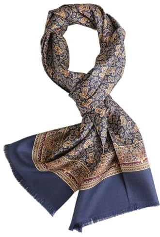 Prettystern sciarpa lunga elegante a 2 strati classica business festiva in pura seta frange corte Blue Paisley AB04