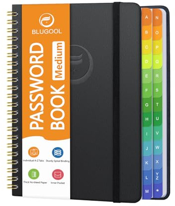 Blugool Passwortbuch mit bunten alphabetischen Tabs, Passwort-Aufbewahrungsbuch für Senioren, Passwort-Notizbuch mit Spiralbindung für Website-Anmeldungen (Password Book), 14,5cm x 19,6 cm, Schwarz
