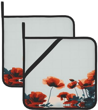 Confezione da 2 presine resistenti al calore per cucinare e grigliare con fiori rossi, 20 x 20 cm, per cucinare