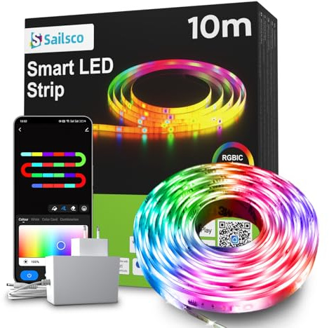 sailsco LED Strip 10m,RGBICWW Led Streifen Kompatibel mit Alexa/Google Home/Smart Life APP,Timer Setting,Dimmable WiFi Lichtband,Music Sync Colour Changing Lichterkette for Gaming Zimmer Deko