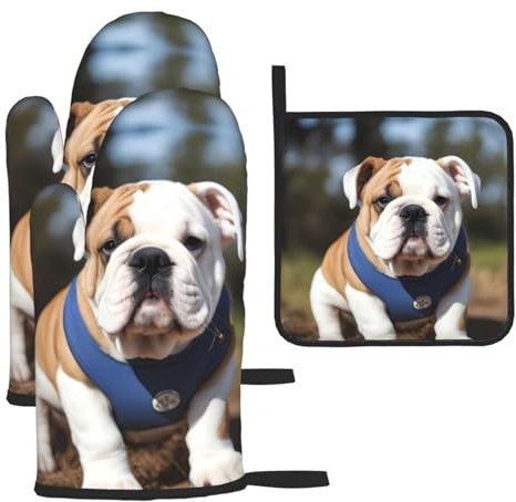 Englische Bulldoggen Ofenhandschuhe und Topflappen, Grillhandschuhe und Halter zum Kochen, Backen (3-teiliges Set)