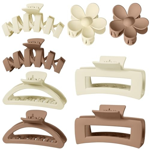 8Pcs Assortment Large Claw Clips for Women,Flower Claw Clips for Thick Hair,Non-Slip Hair Accessories with Multi-Styles,Neutral Colors (Beige/Milk coffee)