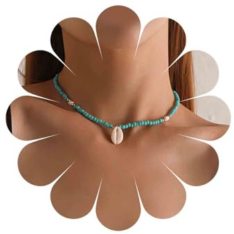 Cybche Boho Türkis Perlen Choker Halskette Weiß Muschel Anhänger Halskette Blau Saatgut Perlen Halskette Reis Perlen Kette Halskette Blau Türkis Kragen Halskette Schmuck Für Frauen