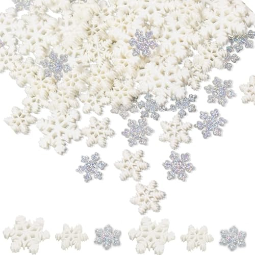 Narunii 100 Stück Mini-Schneeflocken aus Kunstharz, Pailletten, weiß und transparent, für Weihnachtsdekoration, Tischdekoration, kleine Schneeflocken, Weihnachtsornamente