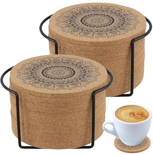 NGOSUET 24 Stück 10cm Untersetzer Kork Rund, 5mm Dicke Glasuntersetzer Kork mit Metallhalter, Wiederverwendbare Saugfähigen Korkuntersetzer Mandala für Kaffee Bar Küche Getränke Tassen
