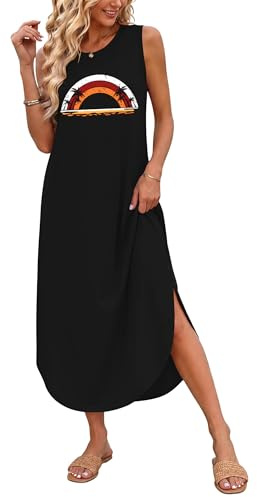 AUSELILY Maxi Dress for Women UK Casual Summer Long Dress Beach Cover-Ups Sun Dresses Women Sleeveless T Shirt Tank Dresses with Pockets Coconut Tree Rainbow L