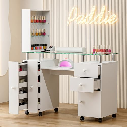 Paddie Manicure Table Nail Tech Table, Glass Top Nail Desk Station for Nail Tech w/Shelves & Wrist Cushion, Acetone Resistant Beauty Salon Workstation w/Lockable Wheels(White)