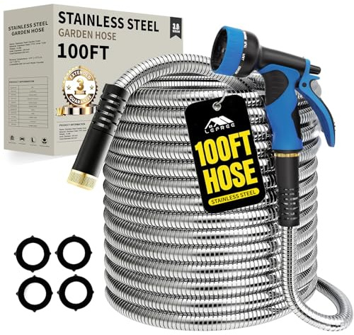 Lefree 100ft Metal Garden Hose - Heavy Duty 304 Stainless Steel Flexible Water Hose, No Kinks & Leak-Proof with Upgraded Handle, 10-Function Spray Nozzle & 4 Spare Gaskets for Yard, RV, Pet Bath