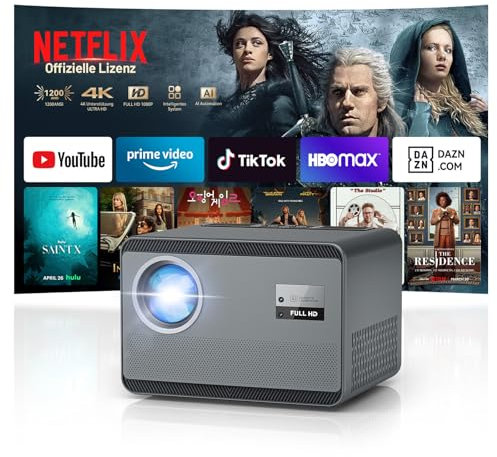 Proiettore 4 K【Netflix Official】 1200 ANSI Smart Beamer 4 K Supporta varie app TV ufficiali, Auto Focus/Correzione trapezoidale Full HD 1080P WiFi Bluetooth per Home Cinema / Outdoor
