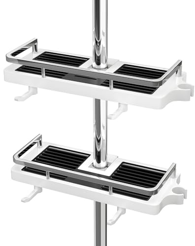 DIYGEEK 2 Pièces Étagère de Douche Sans Perçage pour Barre 18 à 25mm Blanc | Support Douche sans Perçage et Rangement avec 4 Crochets pour Barres Rondes – Hauteur Réglable