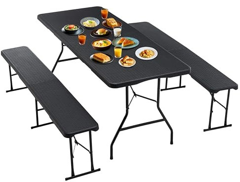 soges Bierzeltgarnitur klappbar 3-teilig Set, 180x70 cm Kunststoff Campingtisch Gartentisch für bis zu 8 Personen, Schwarz