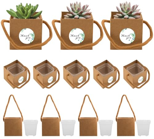 20 set di confezioni per piante grasse vasi per piante grasse in plastica e sacchetti regalo in carta kraft con manici per matrimoni, baby shower, regali per gli ospiti