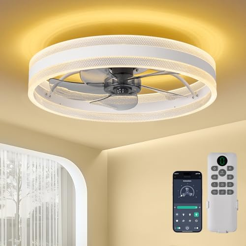 queffigle 20 Ceiling Fan with Light 4000LM 50cm Remote & App Control Flush Mount 6 Speeds Dimmable Low Profile 3 Colours Reversible Smart Quiet LED Timer Lamps for Bedroom Living Room Dining Room