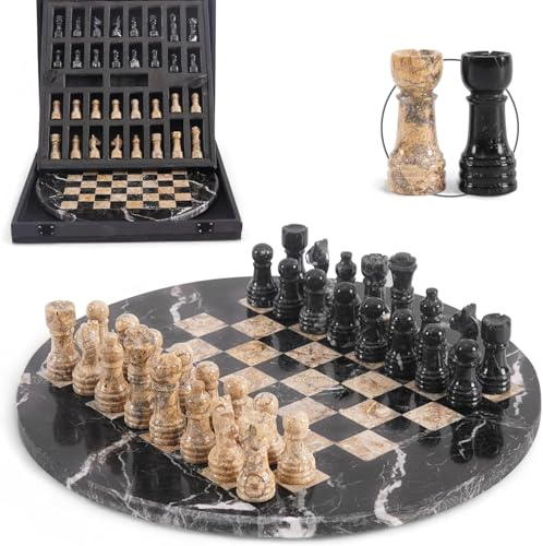 EarthenTones Marmor-Schachset für Erwachsene mit ergänzender Aufbewahrungsbox, 30,5 cm Schwarz & Koralle, handgefertigte Brettspiele für Erwachsene, Premium-Schachset-Brettspiel mit Extra-Damen