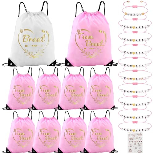 10 Team Bride Turnbeutel mit Kordelzug (42×33cm) und 10 JGA Armbänder Frauen 1 Aufkleber Junggesellenabschied Frauen Braut Tasche JGA Rucksack Team Braut Set für Hochzeit Braut Party