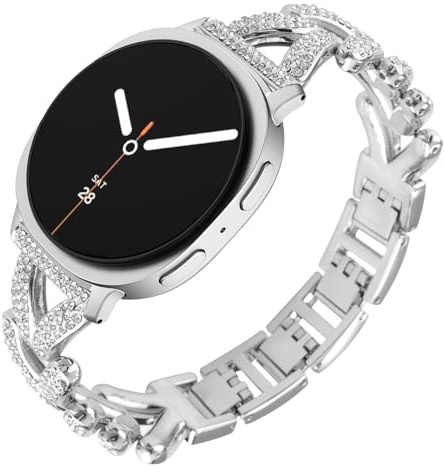 WoPail Ersättningsarmband för Samsung Galaxy Watch 8 40 mm/44 mm, rostfritt stål armband med glänsande strass metall ersättningsarmband för Samsung Galaxy Watch 8 Classic 46 mm, silver