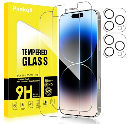 Pnakqil Pellicola Vetro Temperato per iPhone 14 Pro con Protezione Fotocamera,Vetrino Prottetiva Ultra Resistente Anti Graffio HD Chiaro Senza Bolle 9H Grado Militare Screen Protector,2+2 Pezzi