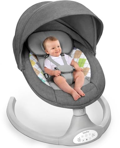 Bioby Altalena elettrica per bambini, con cintura a 5 punti e 5 modalità di altalena, leggera e sicura, elettronica con musica Bluetooth e telecomando, per 0-6 mesi (2-9 kg), grigio
