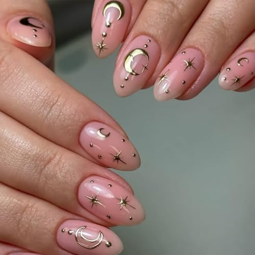 24 Stück Mittel Press on Nails Almond - Gelnägel Zum Aufkleben Set mit Design - Handgemachte Künstliche Fingernägel für Frauen & Mädchen