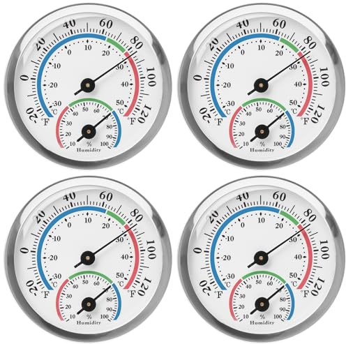 Thermo-Hygrometer Gut Ablesbar Mini: WIYETY 4 Stück Runder Thermometer Hygrometer Innen Analog, Gut Ablesbar Zimmerthermometer, Luftfeuchtigkeitsmessgerät für Garage Büro (Typ 1)