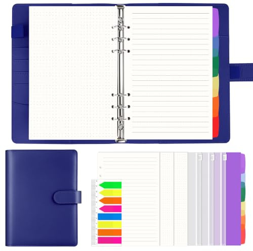 AKONEGE A5 Ringbuch, 6-Ring Ringbuch A5 nachfüllbar, mit 135 Blatt Nachfüllpapier, 3 Bindertaschen, 6 Registerkarten, Haftmarkern, Binder Planer-Organizer für Reisen, Arbeit und Schule, Marineblau