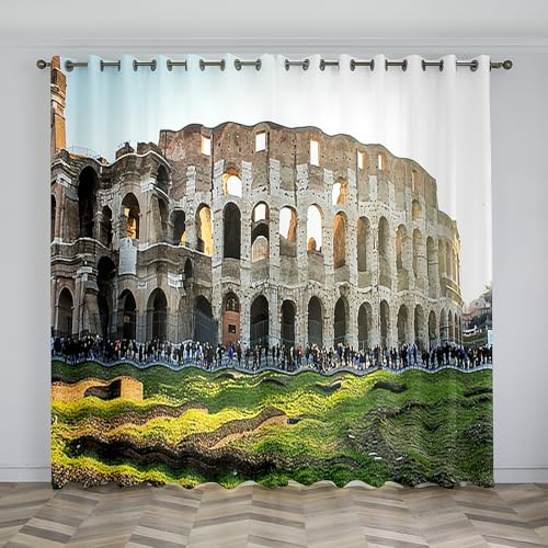 City Net Curtains for Windows Architecture Blackout Curtains, 3D Printed Drape Insulated Curtains, 2 Pack with Hooks, Removable and Washable for Bedroom Living Room Kitchen Pavilion