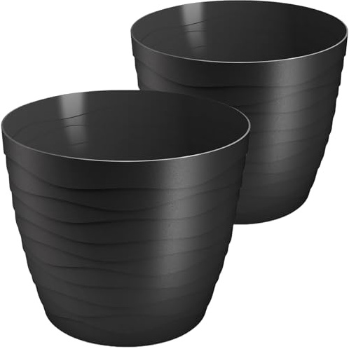 SUSTANIA Pflanztopf Übertopf Wave wetterfest, 30 cm Durchmesser x 27,5 cm Höhe, Kunststoff, Robustes Design, für Innen & Außen, schwarz, 2er Set, hergestellt in EU