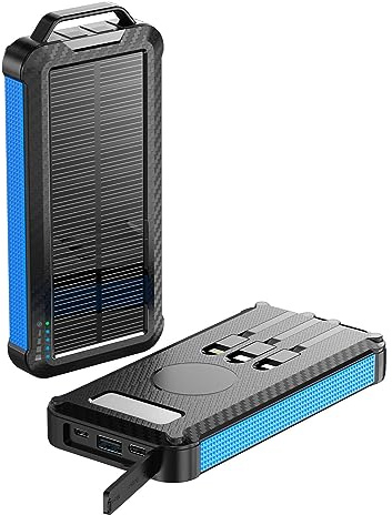 Power Bank Wireless 10000mAh con cavo integrato Ricarica solare per esterni Alimentatore mobile portatile Design antiscivolo e antigoccia, blu