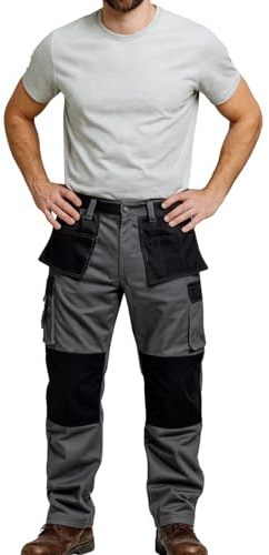 Maan Store Men’s Heavy Duty Work Trousers with Holster & Knee Pad Pockets Durable Cargo Pants with Hammer Loop Multi Pockets Grey/38/32