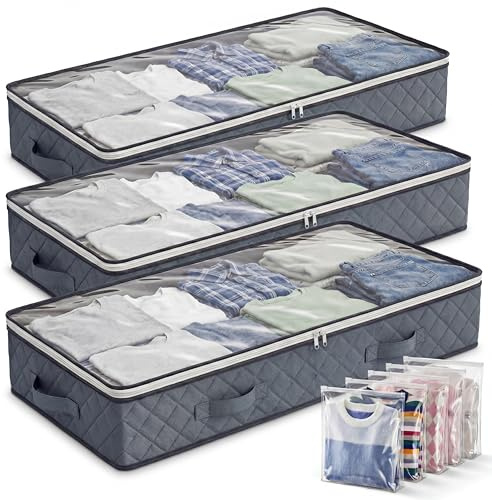 Barpre 3-Pack 90L Under Bed Storage Bags (100x50x18cm) for Duvets, Bedding & Clothes, Heavy Duty Breathable Fabric Organiser Box with Reinforced Handles, Clear Window & 6 Bonus Travel Sacks, Grey