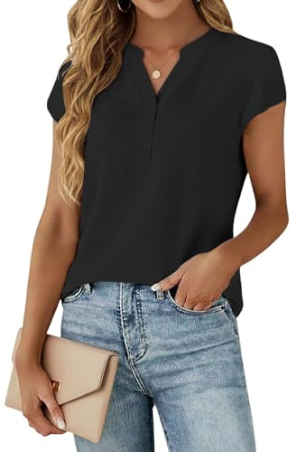 Cuptacc Chemisier Femme Manche Courte Col en V Blouse Ete Noir XXL 50-54