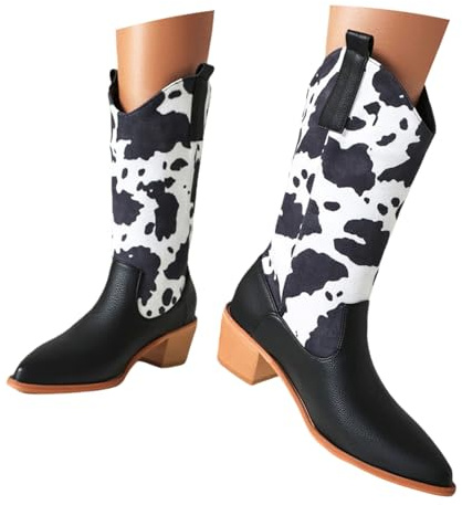 Retro Western Cowboystövlar Med Tryck for Kvinnor Ridstövlar I PU-läder Med Blockklack Slip-on-stövlar Med Brett Skaft Casual Ankelskor for Utomhusbruk, Fester Och Konserter(Black,40 EU)