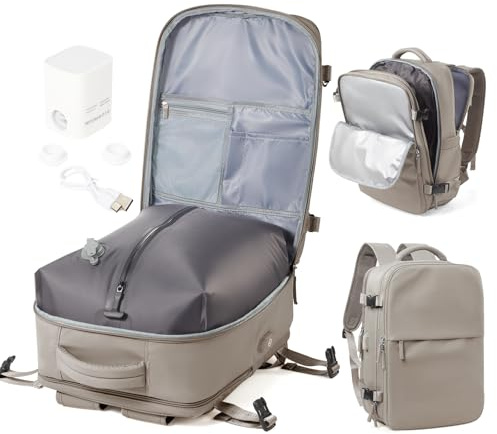 WEPOET Vakuum Rucksack Handgepäck Flugzeug mit Schuhfach, Ryanair Reiserucksack Handgepäck mit Vakuumsystem, Rucksack Wasserdicht für Damen Herren Große(Grau Braun)