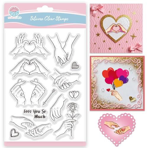 GLOBLELAND Valentinstag Silikon Stempel Set, Transparente Stempel für Kartengestaltung, 16x11cm, Liebespaar Hände Motive