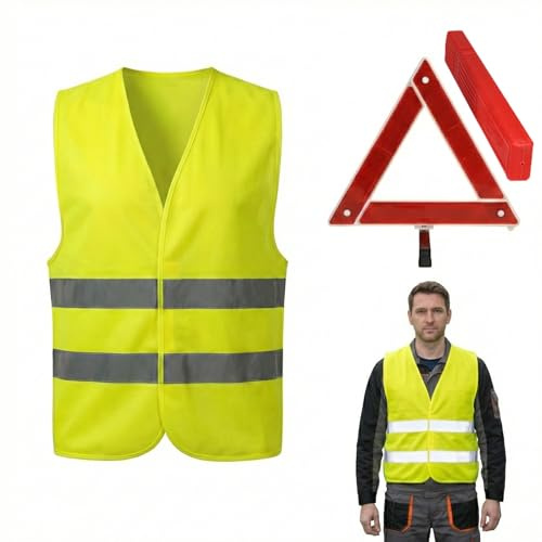 KOQAIIZ 3 Piezas Plegable Triangulos Coche Homologados Kit, Triángulo De Emergencia De Coche, Chaleco Reflectante, Kit De Coche Triangular con Maleta de Almacenamiento