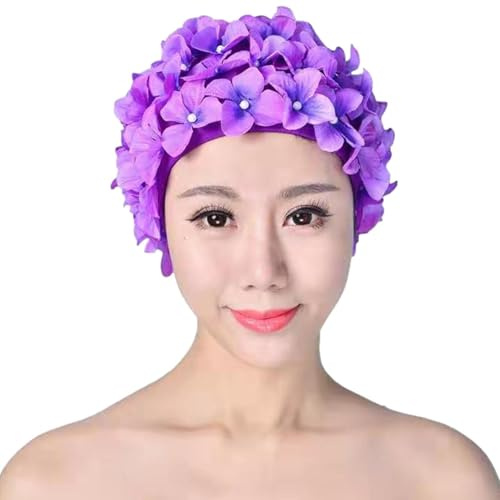 Cuffia da bagno vintage | Cappello da bagno floreale con protezione per le orecchie, comodo per donne e ragazze, adatto per capelli lunghi o corti, elegante accessorio per il nuoto durevole