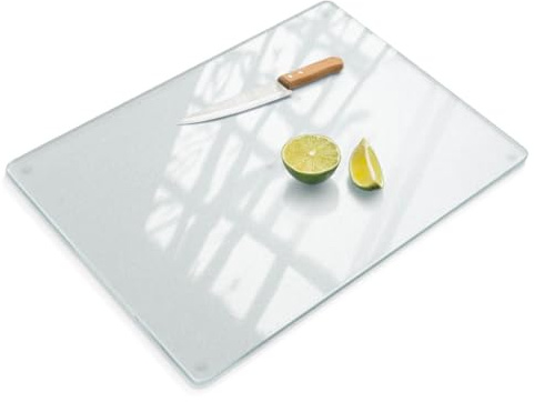 Planche Dépoli à Découper en Verre 80x52 cm Rectangulaire Protection du Plan de Travail Imperméable Contact avec les Aliments Découpe Cuisine Bords Polis Résistant aux Bactéries Pieds Antidérapants