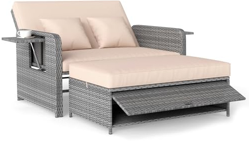 COSTWAY Lounge Möbel Outdoor, Gartensofa mit Liegefunktion | Gartenlounge mit Kissen & Seitenablagen, Rattan Lounge Sofa, Loungebett, Doppelliege 2 Personen, Balkonmöbel Kleiner Balkon