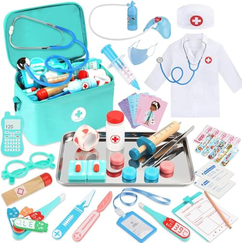 Valigetta Dottore Bambini,kit Dottoressa Bambina,con Vero Stetoscopio, Termometro, Camice da Medico e Borsa da Medico Portatile,Giochi Di Ruolo Per Ragazze e Ragazzi Di 3+ Anni