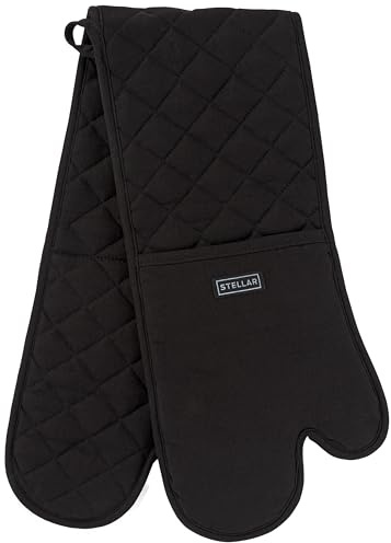 Stellar Textiles 98cm Double Oven Glove Black - Heat Resistant Long Double Oven Mitt for Safe Handling of Hot Trays, Roasting Dishes & Bakeware, Durable Kitchen Protection