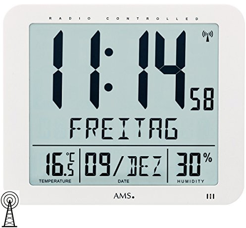 AMS 5886 Digitale Funkwanduhr – Geräuscharmes Funkwerk mit Temperatur- und Feuchtigkeitsanzeige, Wetterstation, Weiß, Rechteckig, 21 x 25 x 3 cm