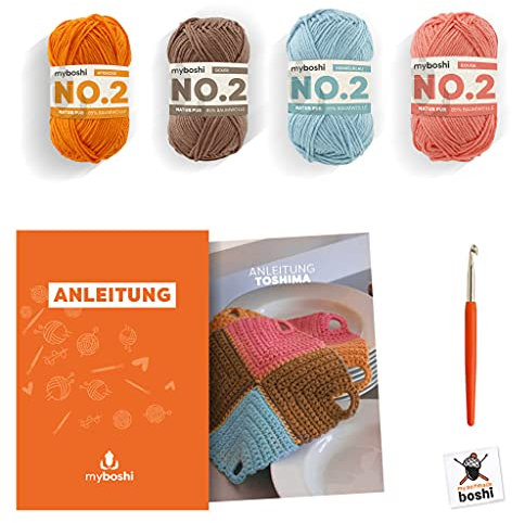 myboshi Häkelset Topflappen Toshima, inkl. No.2 Wolle, Nadel und Anleitung, Häkelpaket, 85% Baumwolle, 15% Kapok Orange, mit Häkelnadel