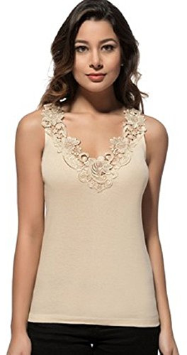 MARIA ANGEL LINGERIE Ladies Plain Cotton Wide Strap Vest Top Lace Trim Neck Design Cami Tank Camisole (UK, Numeric, 18, 20, Regular, Regular, Beige)