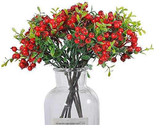 JD ARTIFICIAL PLANTS Lot de 8 branches de baies artificielles de 28 cm pour décoration d'intérieur, bouquet de mariage, arbres de Noël (rouge)