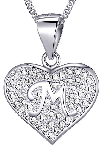 MASADA Cadena con Inicial de Plata Esterlina 925 - Colgante con Letra M con Piedras de Circonio - 46cm de largo - Bolsa de Terciopelo