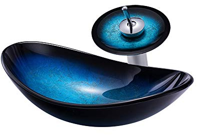 HomeLava Waschbecken Badezimmer Aufsatzwaschbecken aus Gehärtetes Glas Waschtisch Handwaschbecken Waschschale für Gäste WC inkl. Ablaufgarnitur und Wasserfall Wasserhahn 42cm